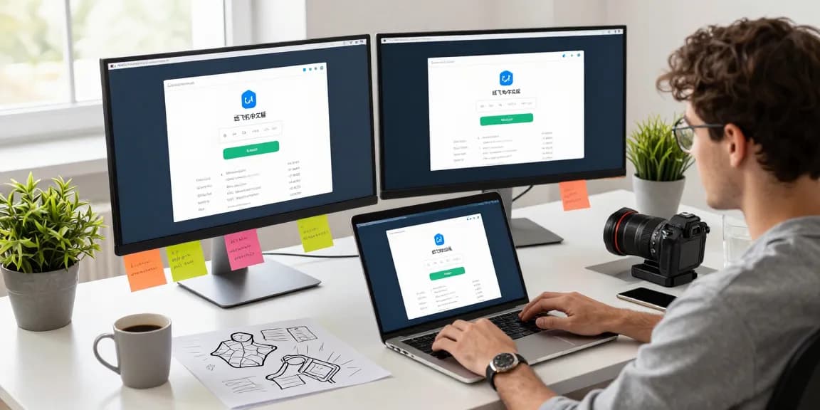 Exploring the 纸飞机中文版 app in a modern tech workspace with dual monitors and vibrant design.