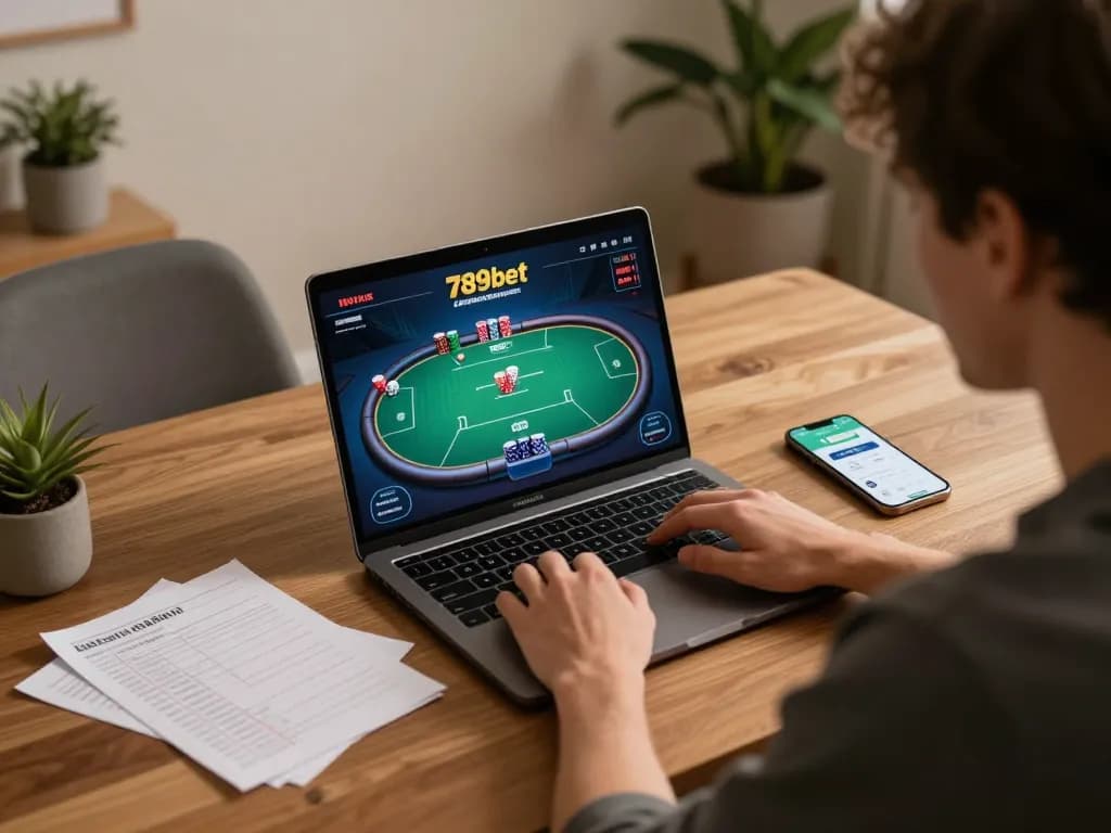 Engaged player strategizing during a poker game with 789bet app on laptop