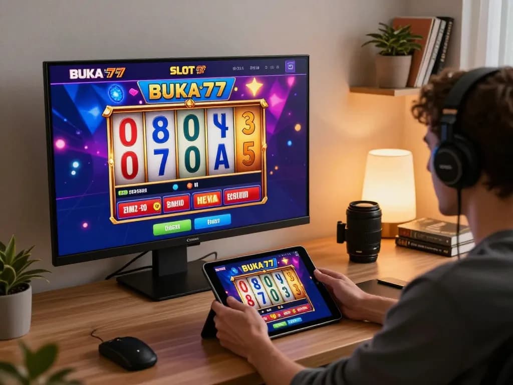 Engaging player experiencing BUKA77 SLOT game on tablet, showcasing exciting wins at home