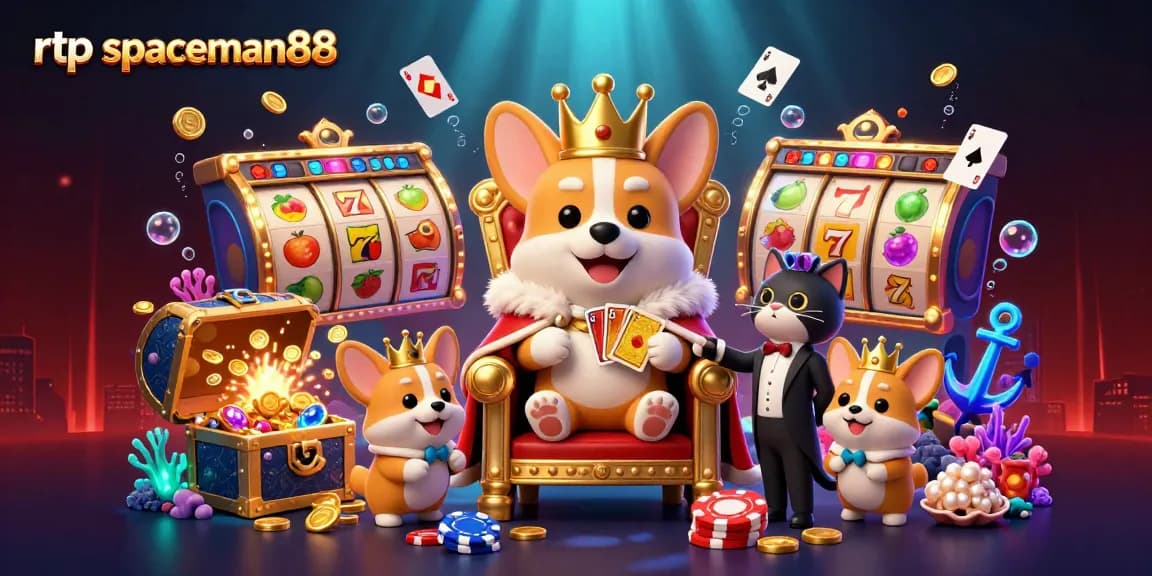 Experience the excitement of rtp spaceman88 with a vibrant 3D illustration of a royal corgi and gaming elements.