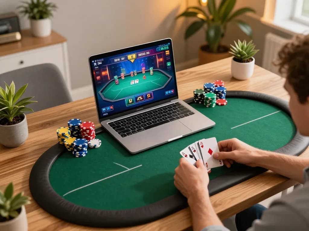 Engaging players in a poker game using vidyasewingmachine’s online platform, surrounded by warm ambiance and strategic gameplay.