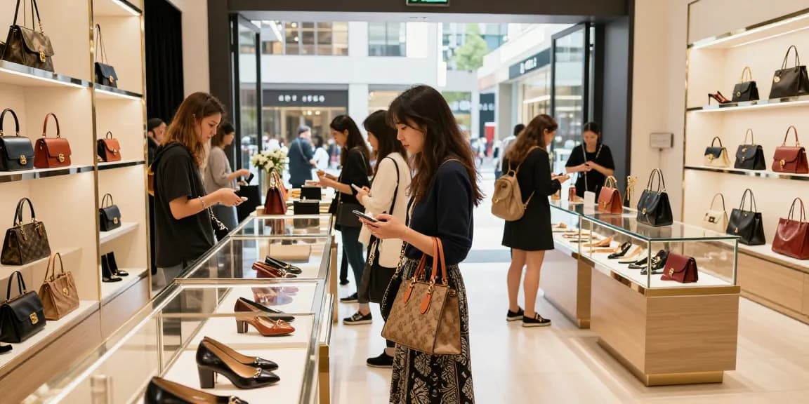 Stylish shopper enjoying the experience at a 레플리카 쇼핑몰, showcasing luxury replicas in a vibrant urban setting.