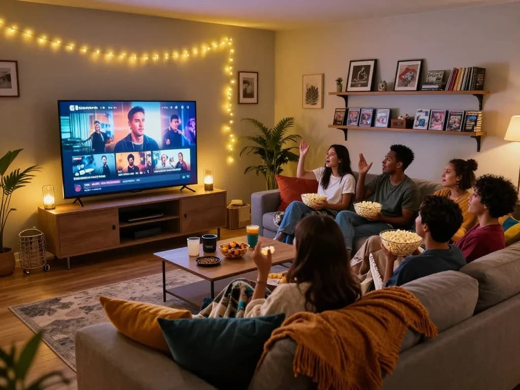 Friends enjoying a Binge Guide session while watching favorite TV shows in a cozy living room.