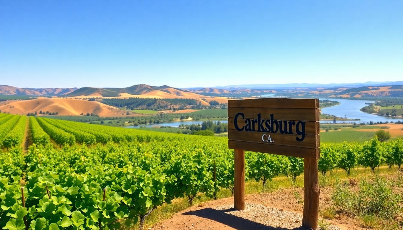 Explore the scenic vineyards of Carksburg CA under sunny skies, showcasing the area's rural charm.