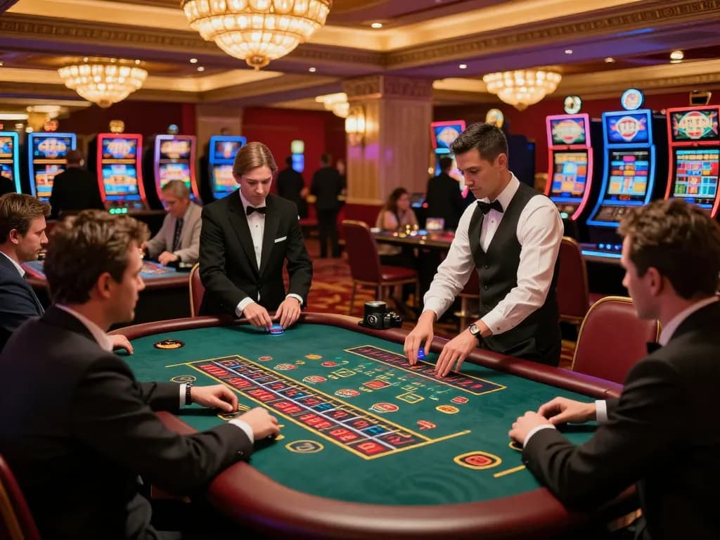TG88 players strategizing bets at a vibrant casino table surrounded by excitement and luxury.