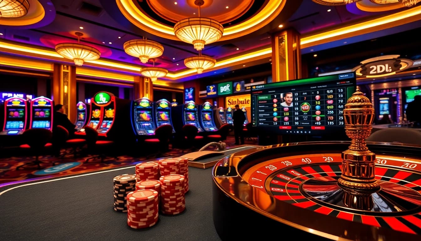 7upbet table with vibrant poker chips and roulette wheel in a luxurious casino setting