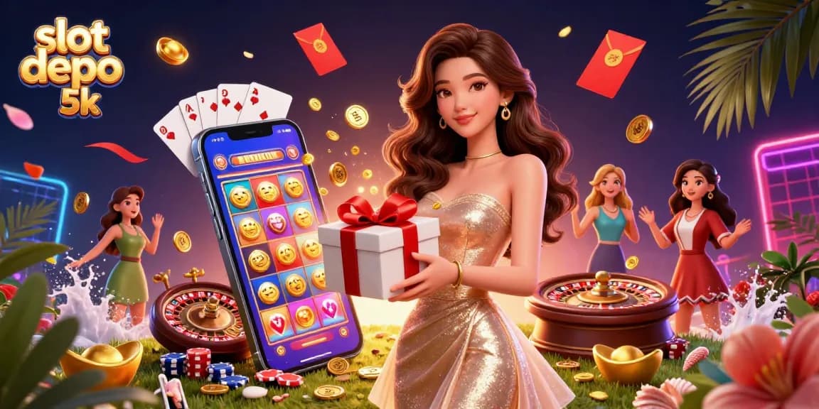 Join the excitement of slot depo 5k with a stunning illustration featuring a glamorous woman amidst casino treasures.