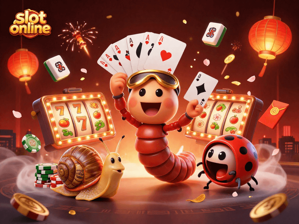 Permainan slot online menampilkan dealer unik dengan kartu, tumpukan chip, dan suasana meriah yang menarik.