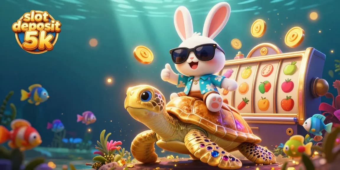 Experience excitement with slot deposit 5k, featuring a lucky rabbit and golden turtle in a vibrant casino scene.