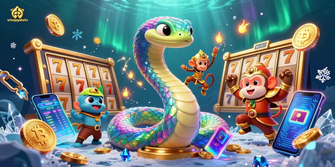 Sriwijayatoto captivates players within a vibrant, dynamic illustration of a rainbow serpent and monkey king amidst rich casino visuals.