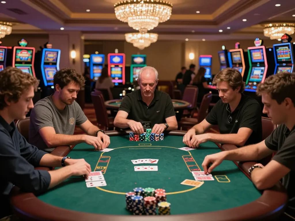 78win poker players engaged in dynamic gameplay with colorful chips in a luxurious casino setting
