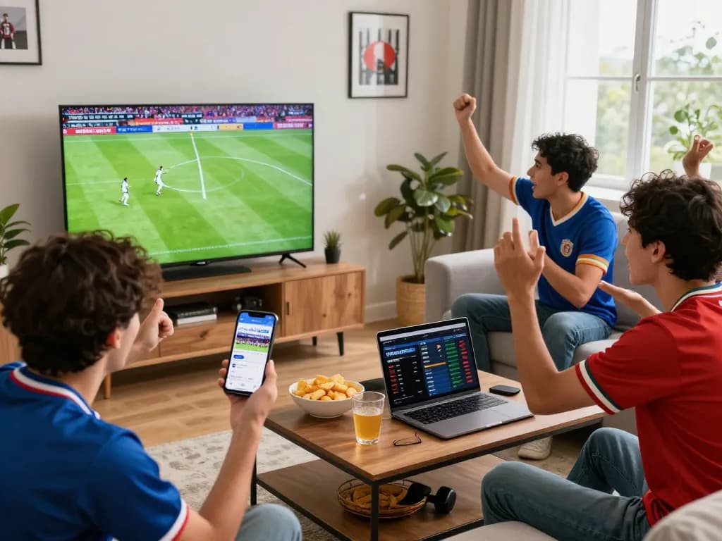 Friends enjoying a live football match through Cakhiatv, showcasing excitement and camaraderie.