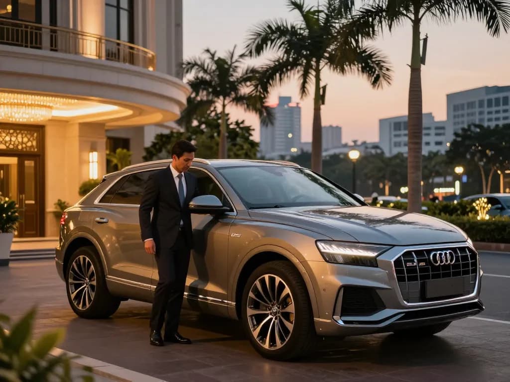 Dịch vụ cho thuê xe ô tô hạng sang với một chiếc Audi Q8 và một tài xế chuyên nghiệp trong một môi trường đô thị cao cấp.