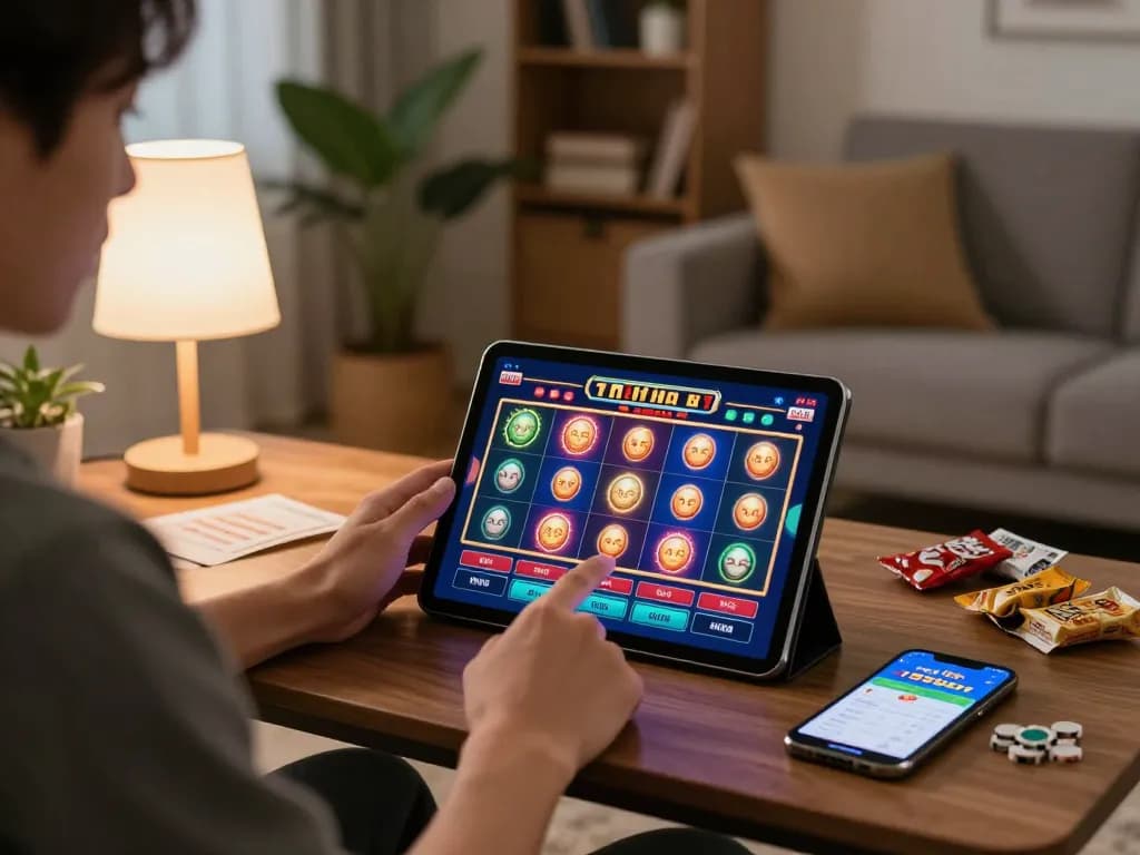 Player engaging with the nhà cái 789bet online casino app on tablet in a relaxing home setting with vibrant gameplay.
