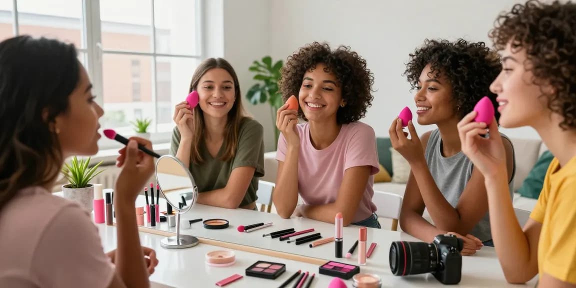 Friends using a silicone beauty blender for a flawless makeup finish in a bright modern apartment.
