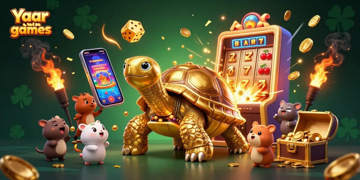 Engage in Yaar win games featuring a golden tortoise pinball machine, surrounded by dynamic casino elements.