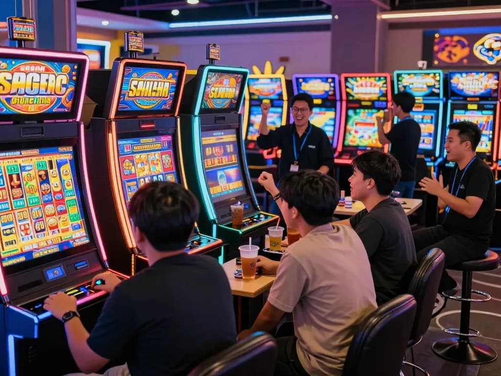 Situs slot gacor gaming scene with players engaging at vibrant slot machines, capturing excitement and community.