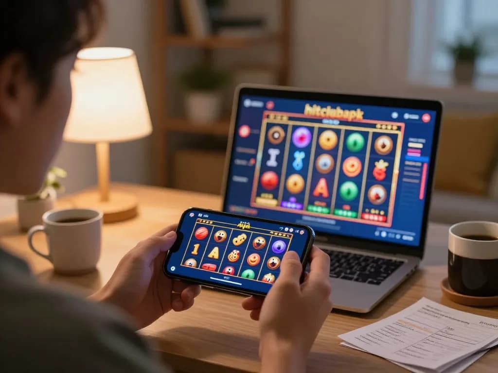 Playing hitclubapk on a smartphone while enjoying a cozy home atmosphere with strategy notes and a warm light.