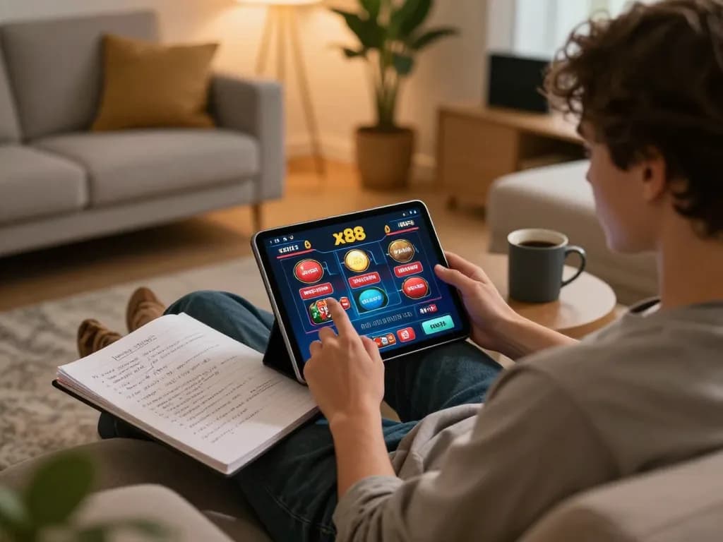 x88 player engaged in online gambling on tablet in a cozy living room setting