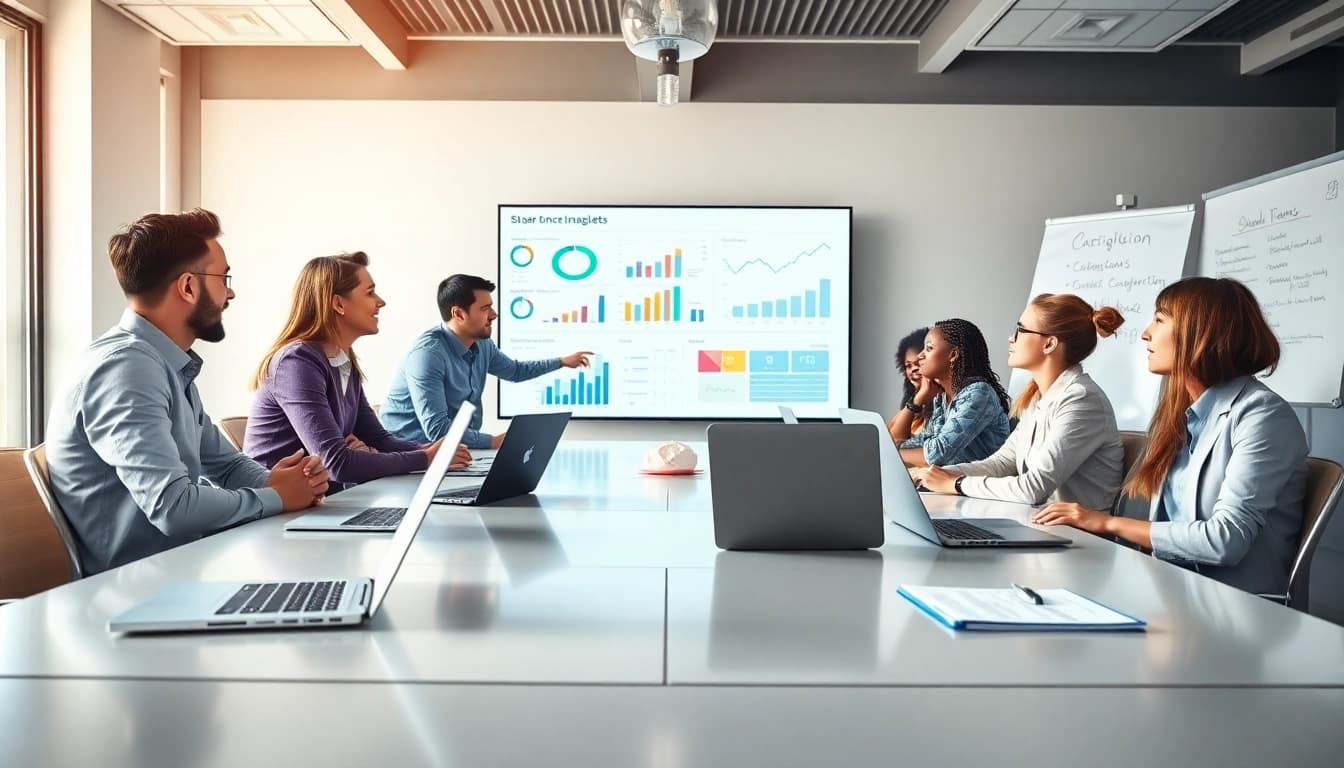 B2B competitive intelligence team analyzing data during a strategic business meeting.