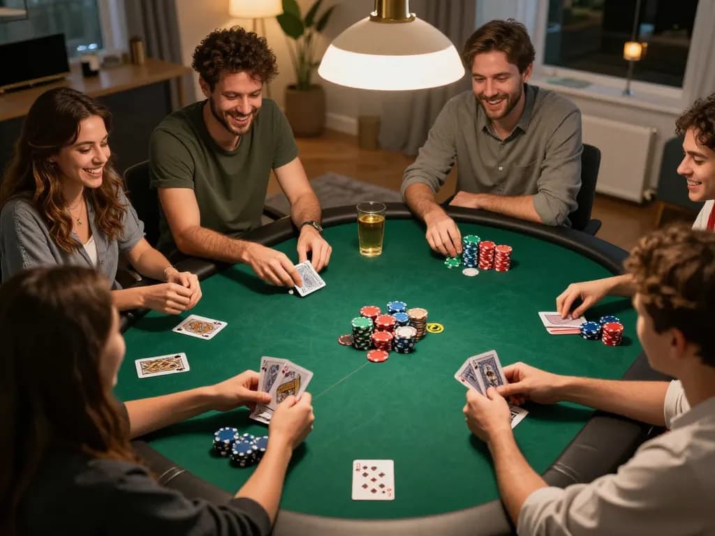 Friends enjoying a lively poker night while strategizing with hitclubapk, vibrant chips and cards visible.