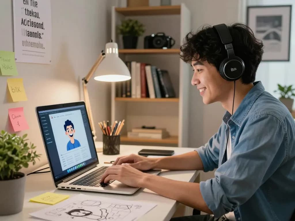 AI chat interaction in a warm home office with friendly AI avatar on laptop, ideal for ia +18 discussions.