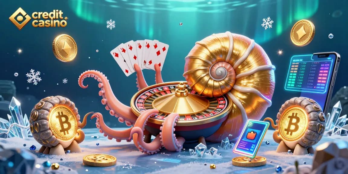 Engage with the credit card casino scene featuring ancient nautilus and glowing gold coins as they interact with vibrant crypto elements.