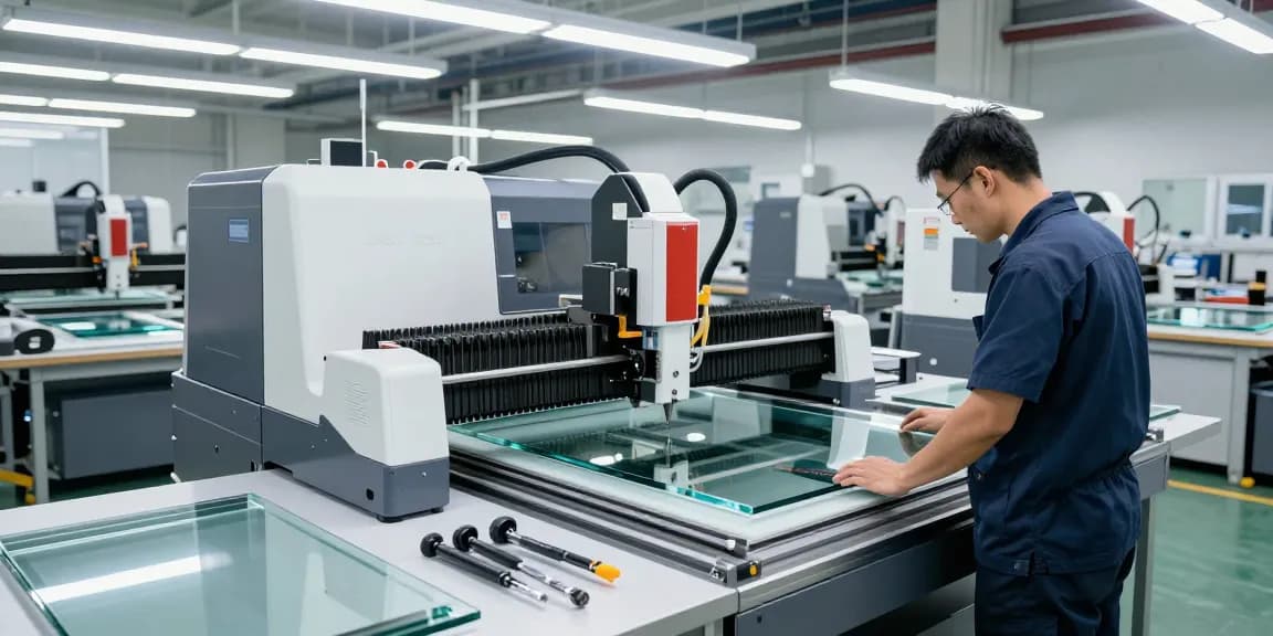 CNC glass cutting machine in a modern workshop, showcasing precise glass processing operations.