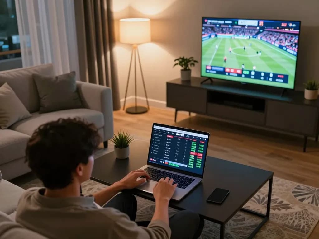 Bongdalu user engaging in online sports betting with live odds on laptop in stylish home environment.