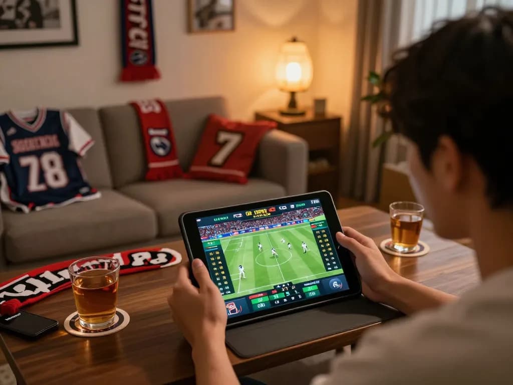 Person actively engaging in keobongda sports betting at home using a tablet during a live match.