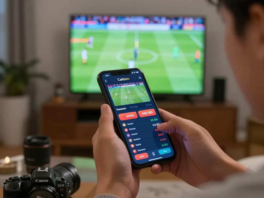 Experience live sports betting excitement with https://cakhiatv.design/ on a smartphone in a cozy home setting.