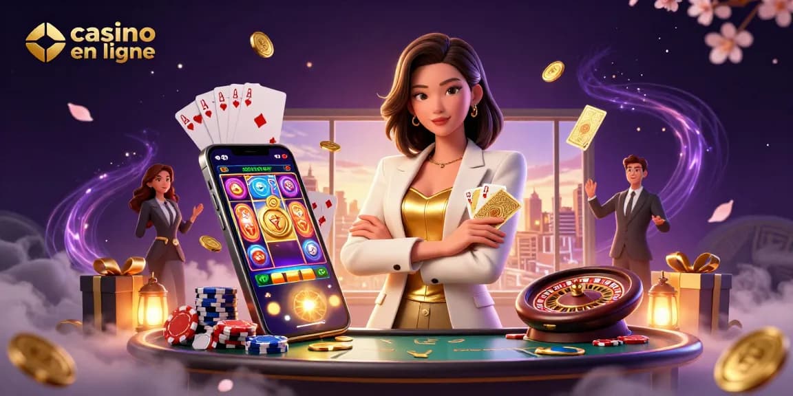 Découvrez un gameplay excitant avec le casino en ligne mettant en vedette une femme puissante tenant des cartes dans une atmosphère animée.