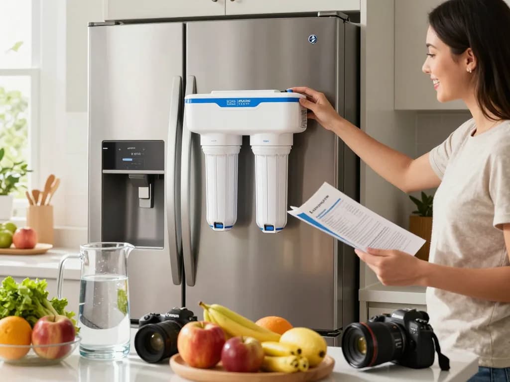 Person installing Waterdrop Plus WDP-F19C Replacement for GE® RPWFE® filter in a bright kitchen, surrounded by fresh fruits.
