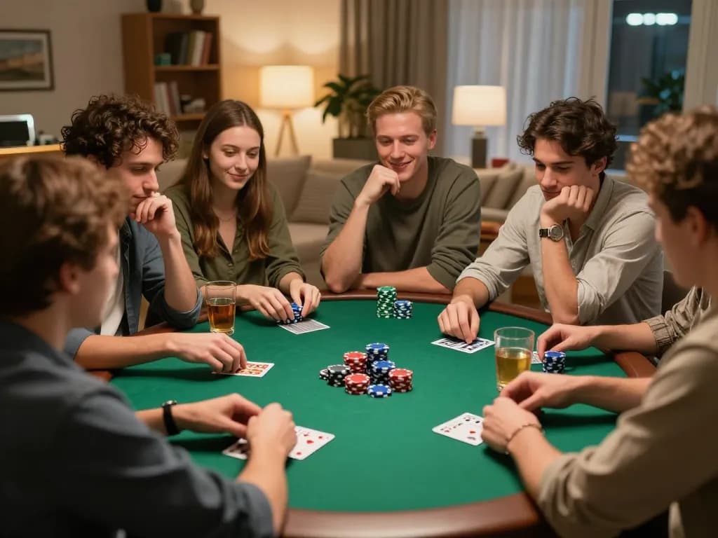 Engaged friends enjoy poker night, discussing strategies and managing bets at their home, highlighting Canada online casinos reddit.