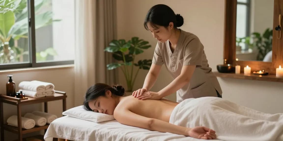 화정출장마사지를 받는 고객과 테라피스트가 편안한 마사지 룸에서 휴식을 취하는 모습