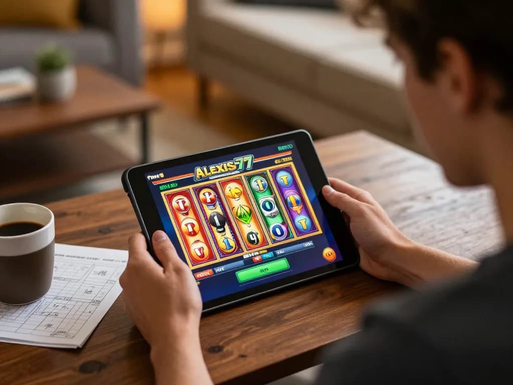 Engaged player enjoying alexis77 slot game on tablet, creating an immersive online casino experience