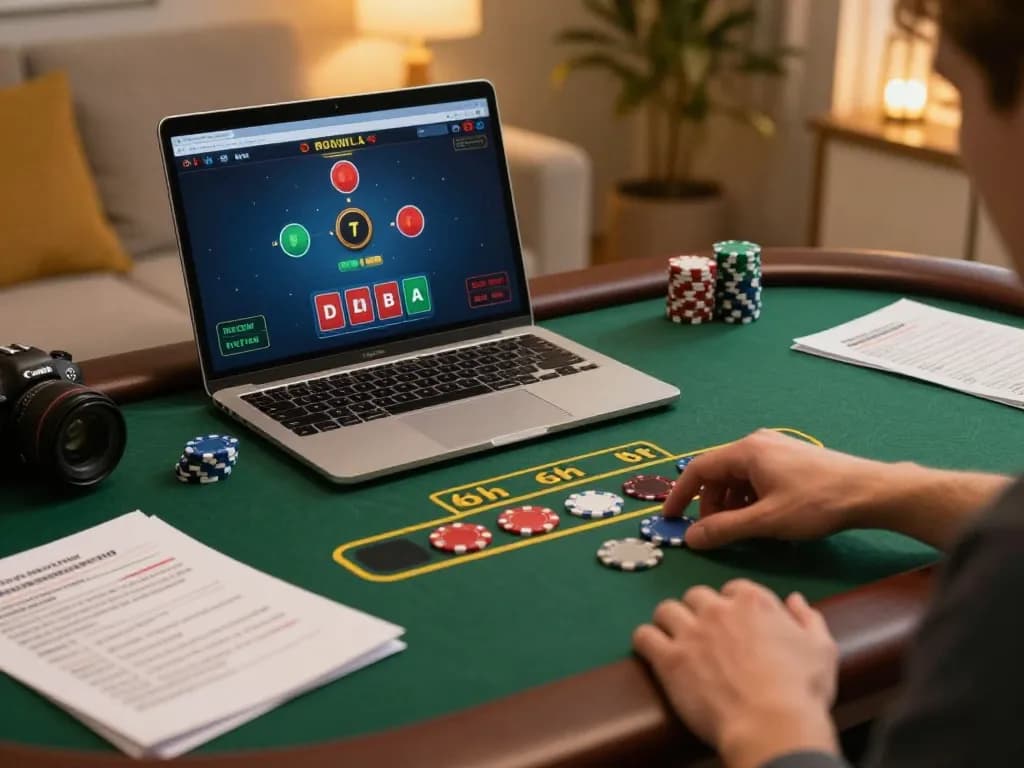 Agen Casino Online player placing a bet in a cozy home blackjack setup, portraying responsible gaming.