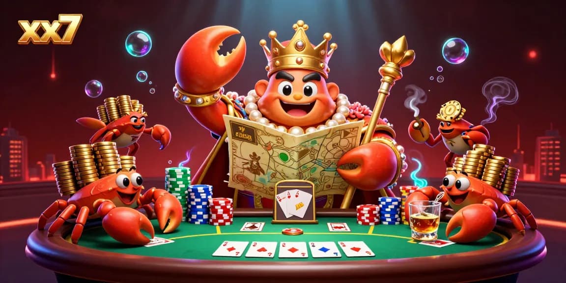 Play with the stunning xx7 casino scene featuring a golden crab emperor and poker elements.