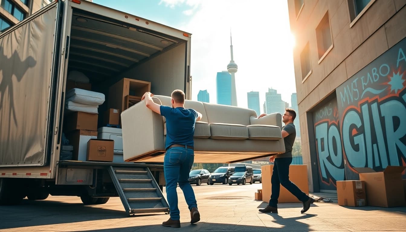 Best Toronto Movers expertly handling a sofa with the Toronto skyline in the background.