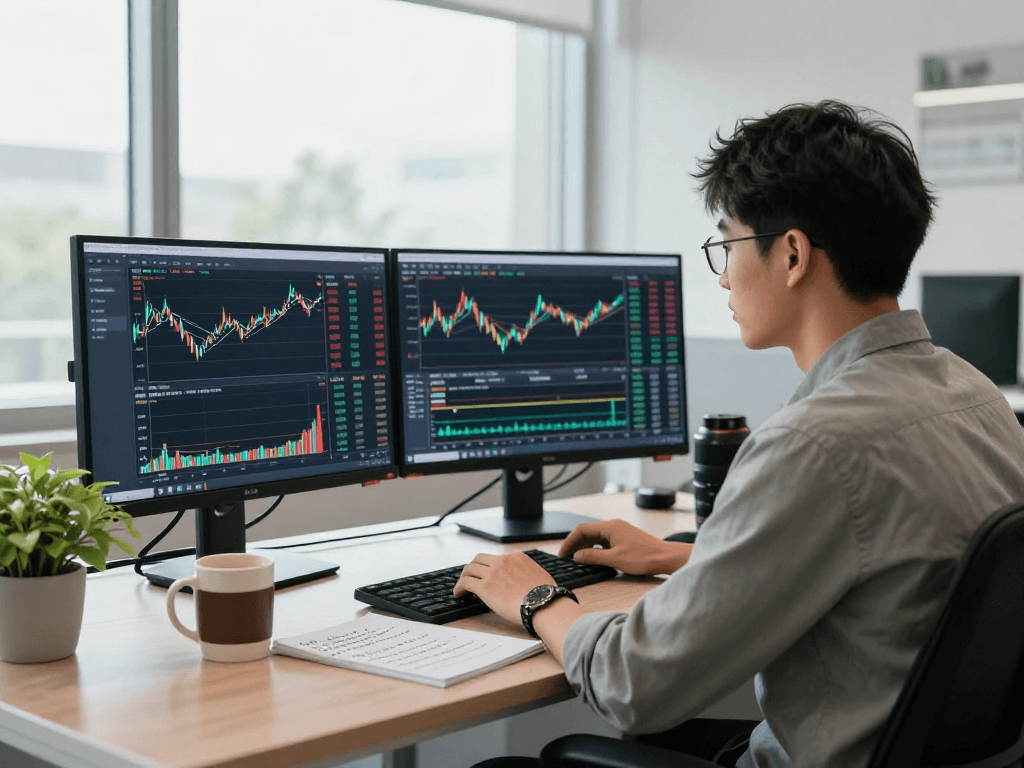 使用TradingView进行股市分析的亚洲交易员，现代办公室环境，展示实时市场数据。