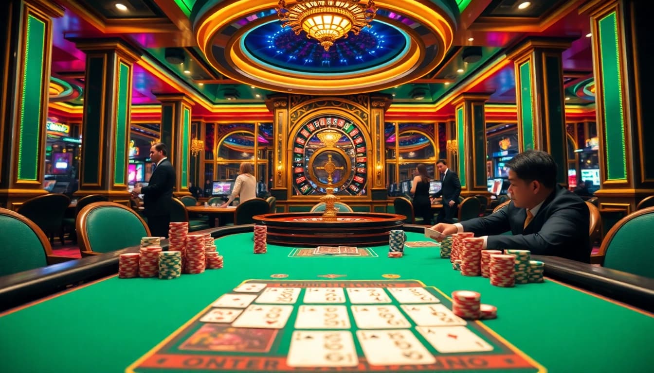 Action de poker excitante mettant en valeur les meilleurs casinos en ligne avec des jetons et des cartes vibrants à une table luxueuse.