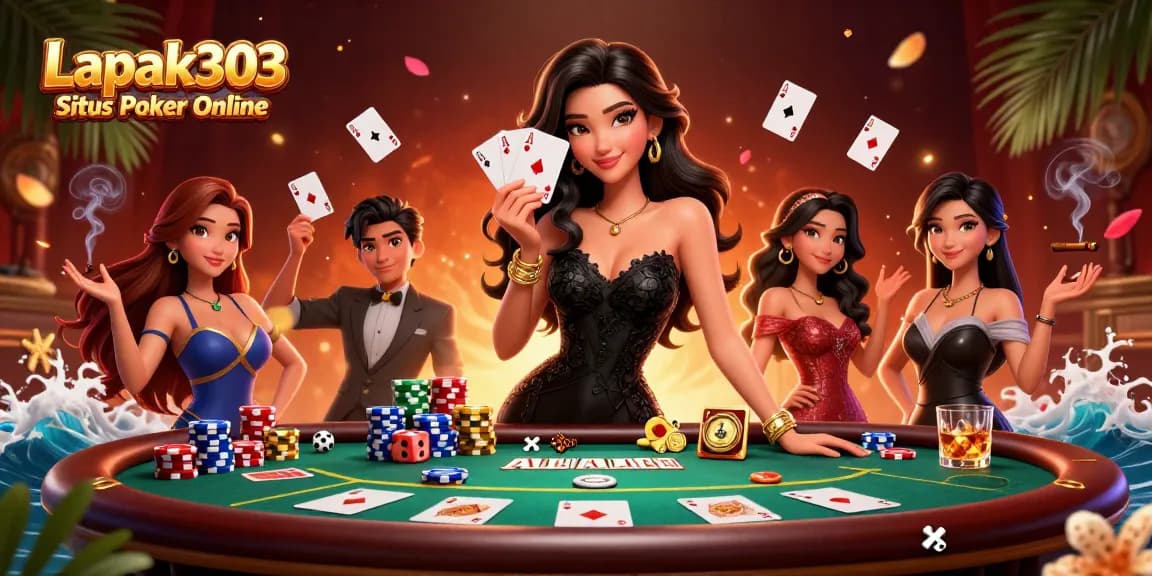 Win big with Lapak303 Situs Poker Online as elegant Asian woman showcases her winning hand in a vibrant casino.