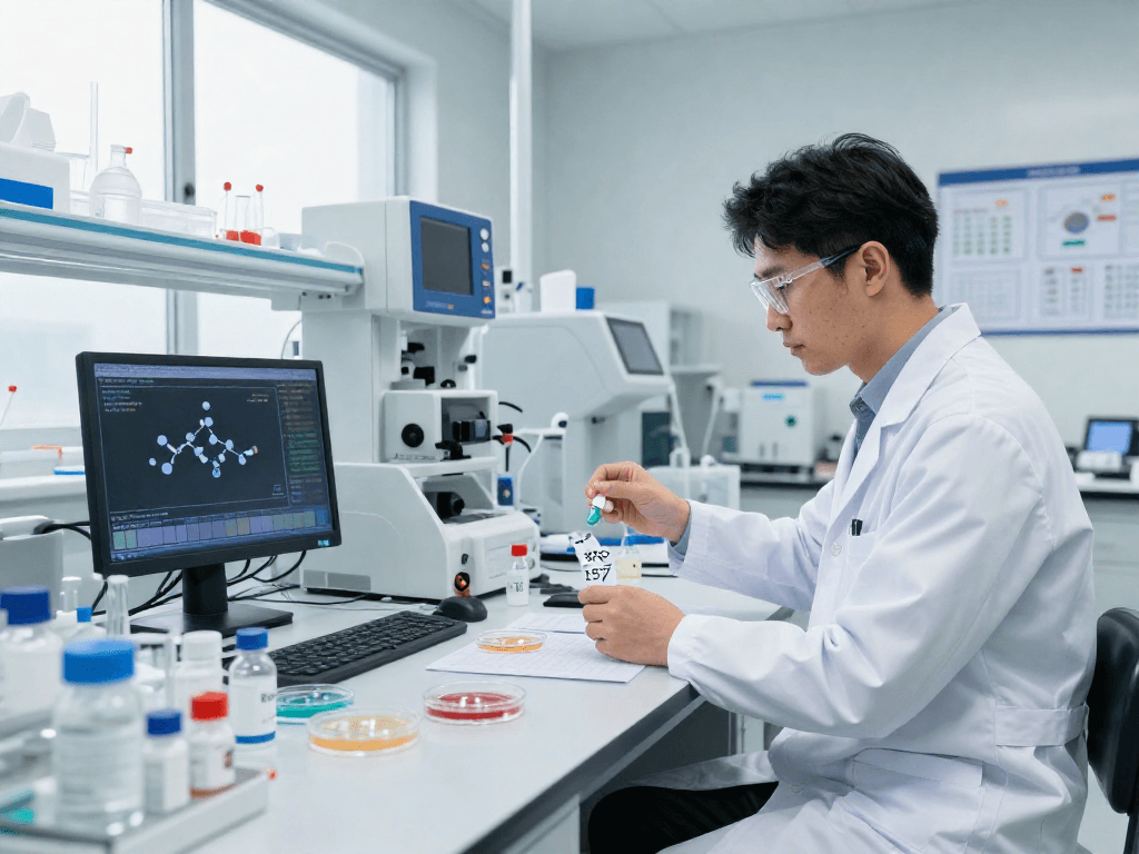 Researcher examining BPC 157 benefits in a modern lab environment.