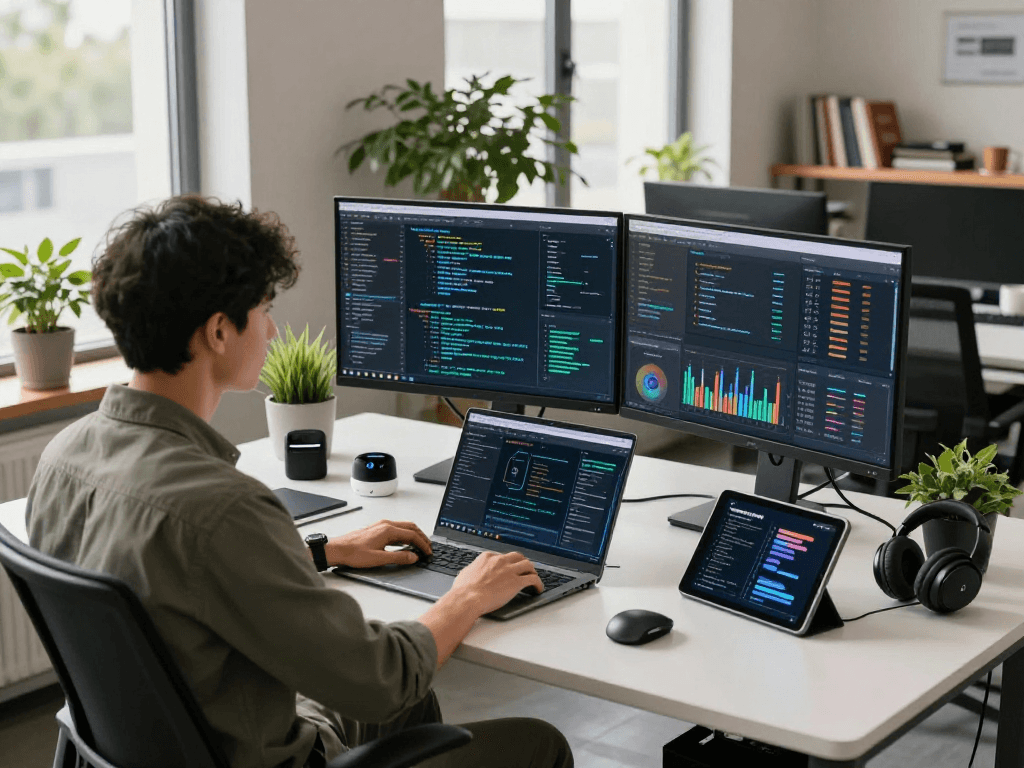 Data scientist utilizing AI technology in an innovative workspace emphasizing crush on ai strategies.