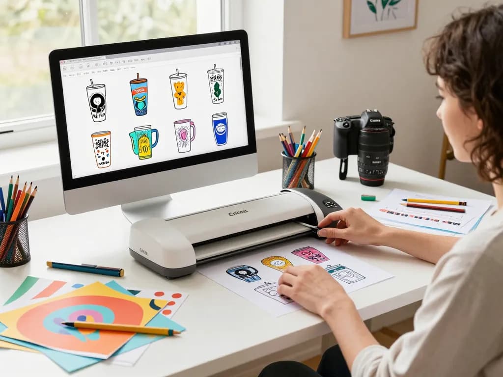 Vibrant workspace with SVG bundle showcasing tumbler designs and Cricut tools.