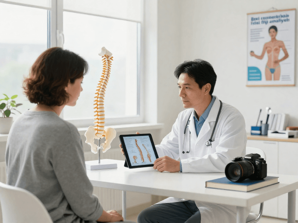 Comprehensive consultation on bel fıtığı ameliyatı in a modern medical office with a surgeon explaining treatment options.