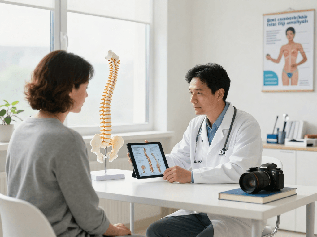 Comprehensive consultation on bel fıtığı ameliyatı in a modern medical office with a surgeon explaining treatment options.