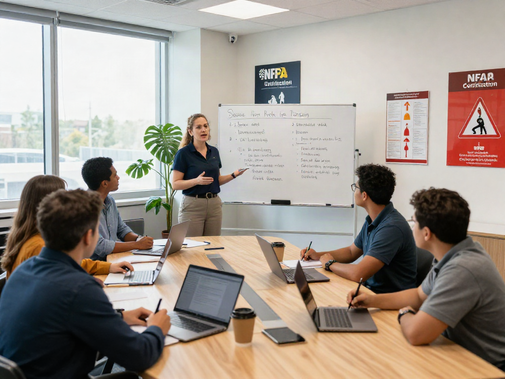Group engaged in NFPA Certification Training workshop fostering workplace safety and emergency response skills.