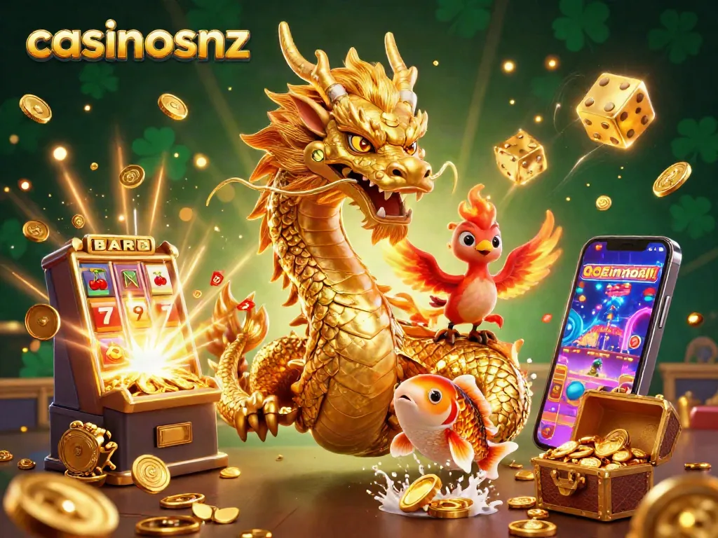 Experience the thrill of casinosnz with a captivating illustration featuring a golden dragon, a phoenix, and lucky symbols.