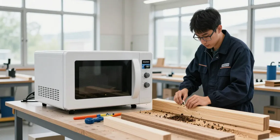 SHASHEL® microwave equipment eliminating wood-boring insects in a modern workshop.